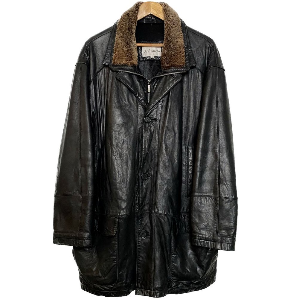Vintage Guy Laroche Leather Coat Men 44 Black Brown Removable Sherpa Collar 90s